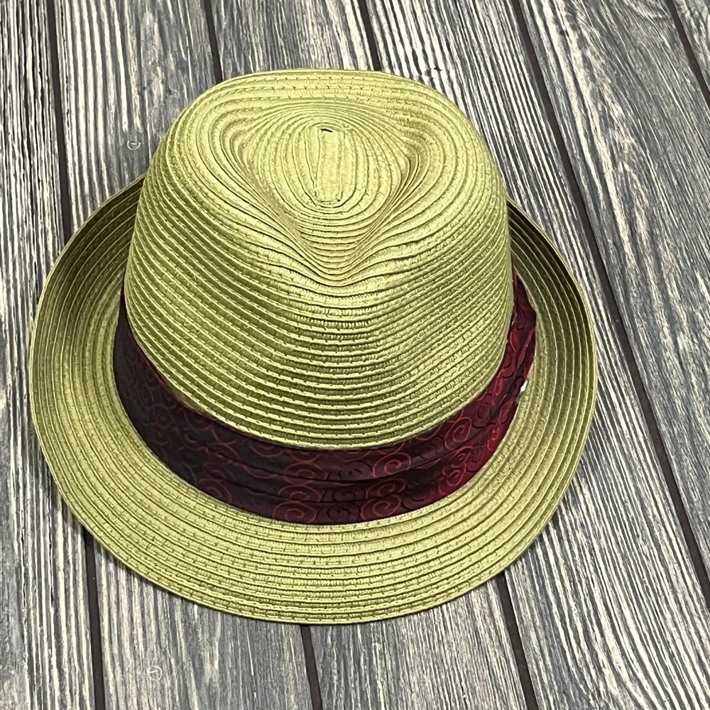 Peter Grimm Fedora Hat Men S/M Green Straw Trilby Burgundy Band Summer Sun Beach